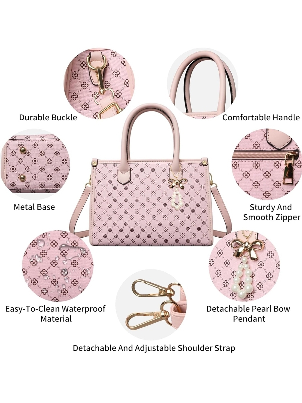 Pink Patterned Women's Satchel Handbag Set - Picture 3 of 8